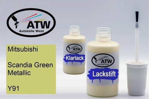 Mitsubishi, Scandia Green Metallic, Y91: 20ml Lackstift + 20ml Klarlack - Set, von ATW Autoteile West.